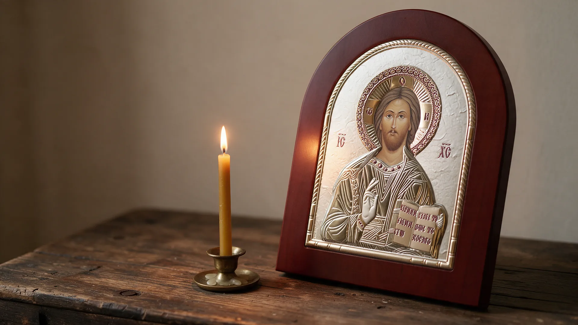 Silver-plated icon of Christ Pantocrator with a candle