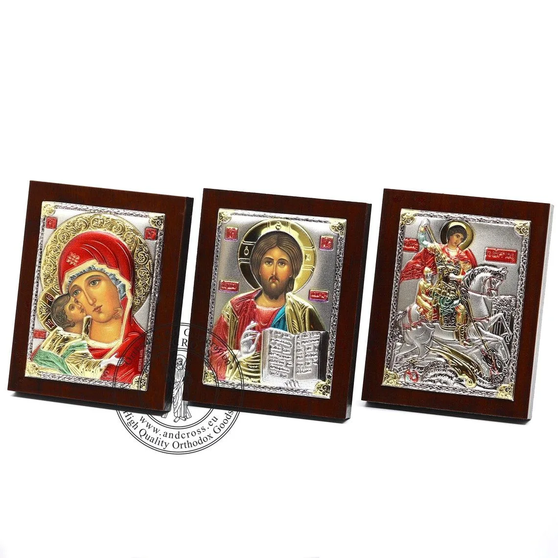 Three silver-plated icons: Christ Pantocrator, the Vladimir Mother of God and St George