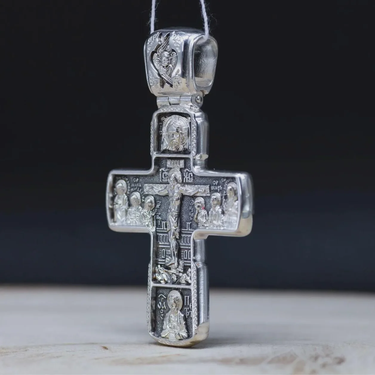 Sterling silver Orthodox cross with Christ and the Apostles, front