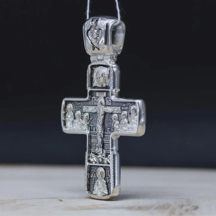 Sterling silver Orthodox cross with Christ and the Apostles, front