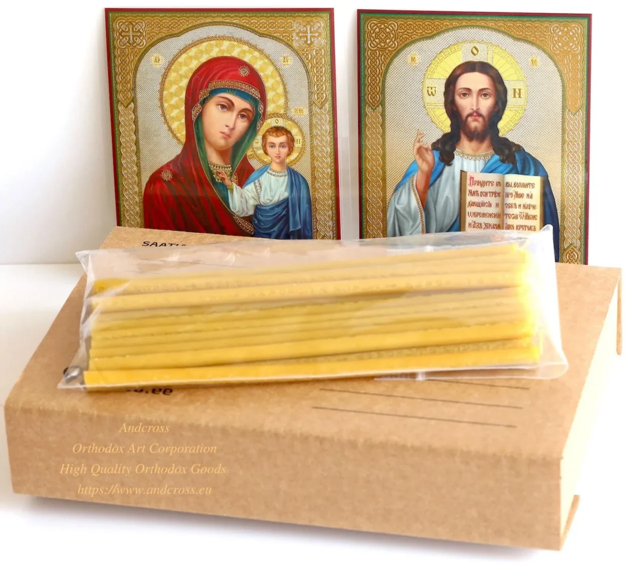 Church candle gift set with a ceramic holder and two icons