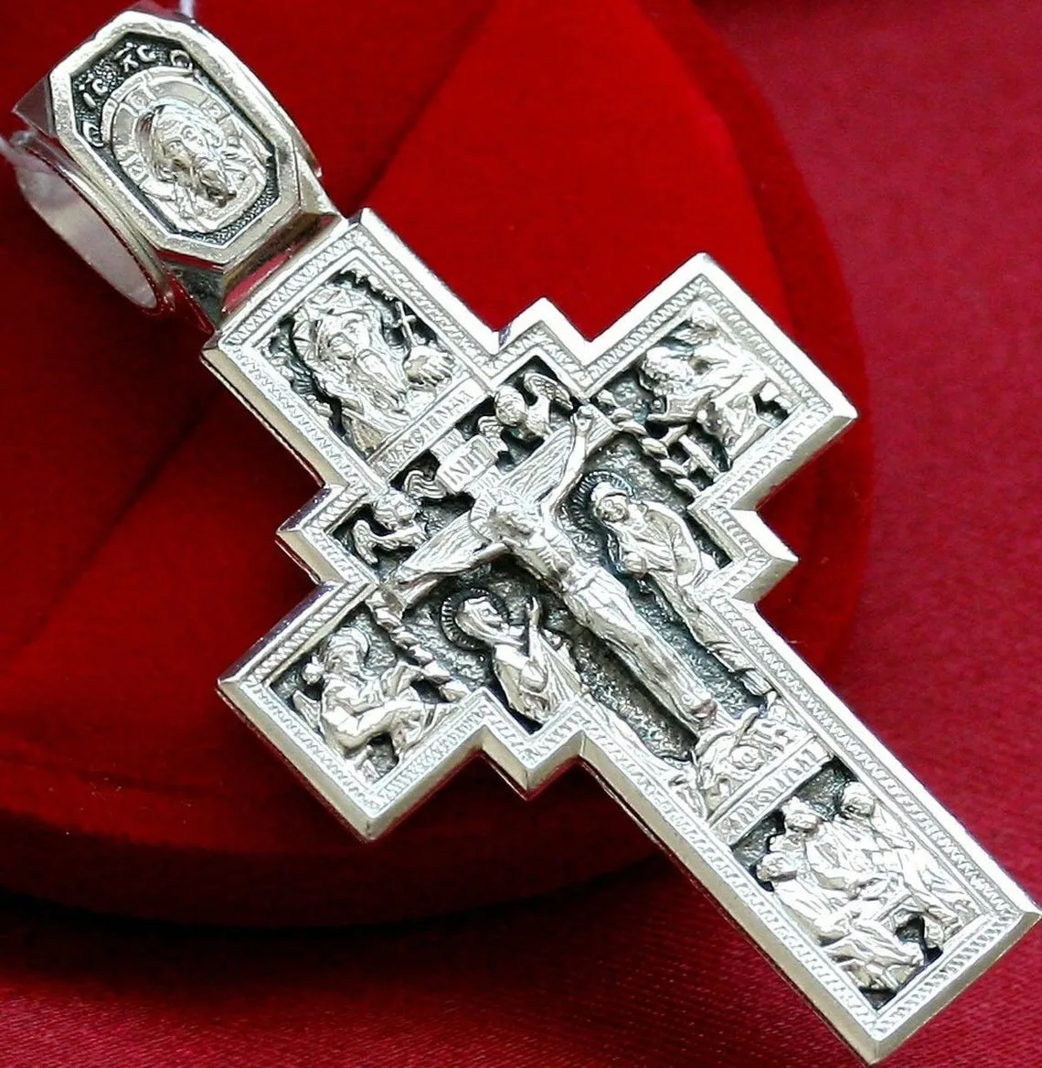 Orthodox cross with the Crucifixion and the Holy Trinity in 925 sterling silver, front