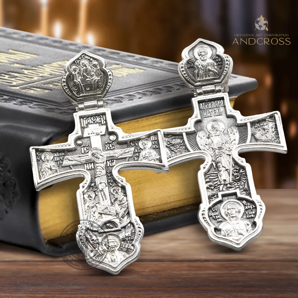 Sterling silver Orthodox cross with the Guardian Angel and the Holy Apostles