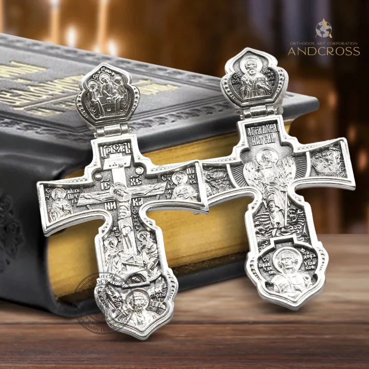 Sterling silver Orthodox cross with the Guardian Angel and the Holy Apostles