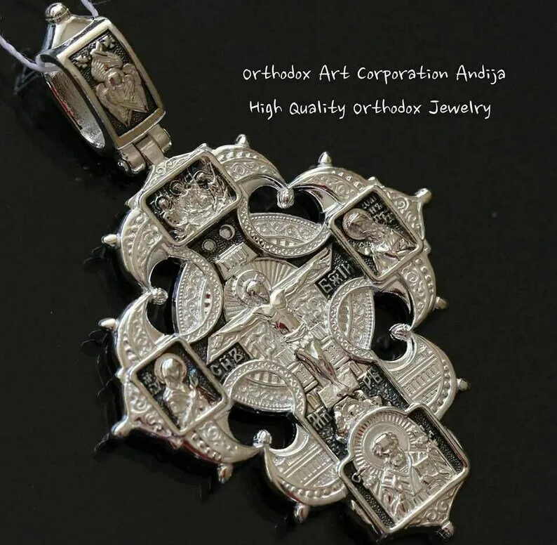 Sterling silver Orthodox cross with the Guardian Angel and the Mother of God, back