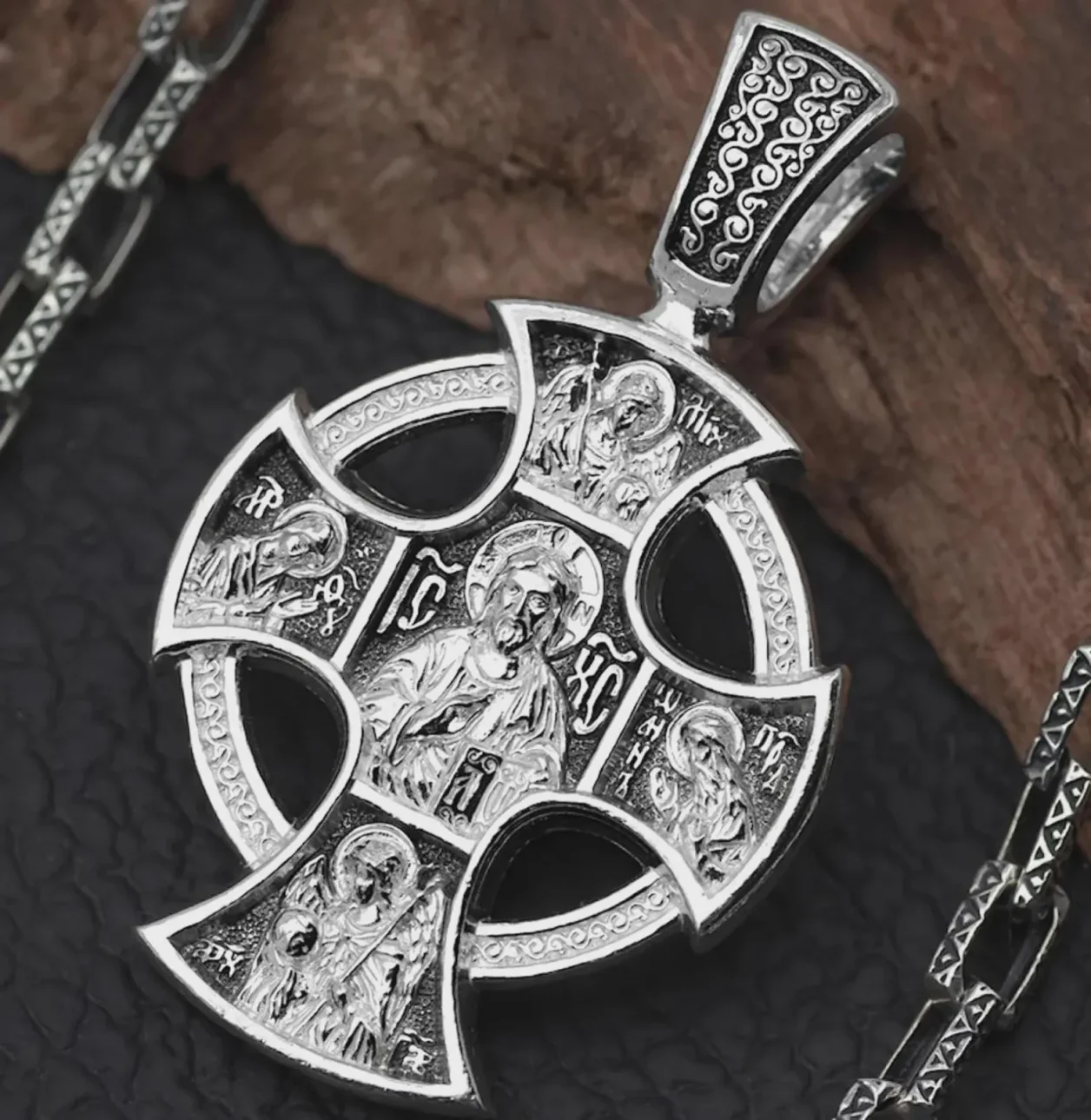 Sterling silver Orthodox cross with St John the Baptist and the Mother of God, front