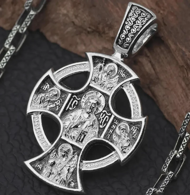 Sterling silver Orthodox cross with St John the Baptist and the Mother of God, front