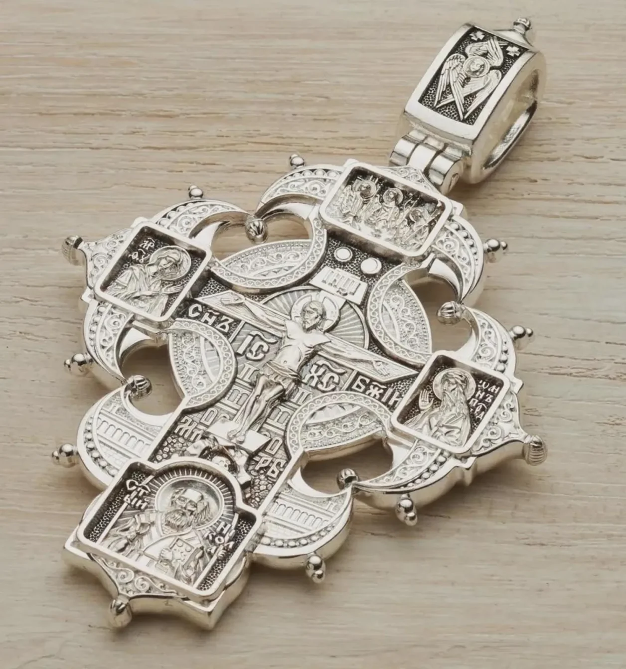 Sterling silver Orthodox cross with St Nicholas and the Holy Trinity, front