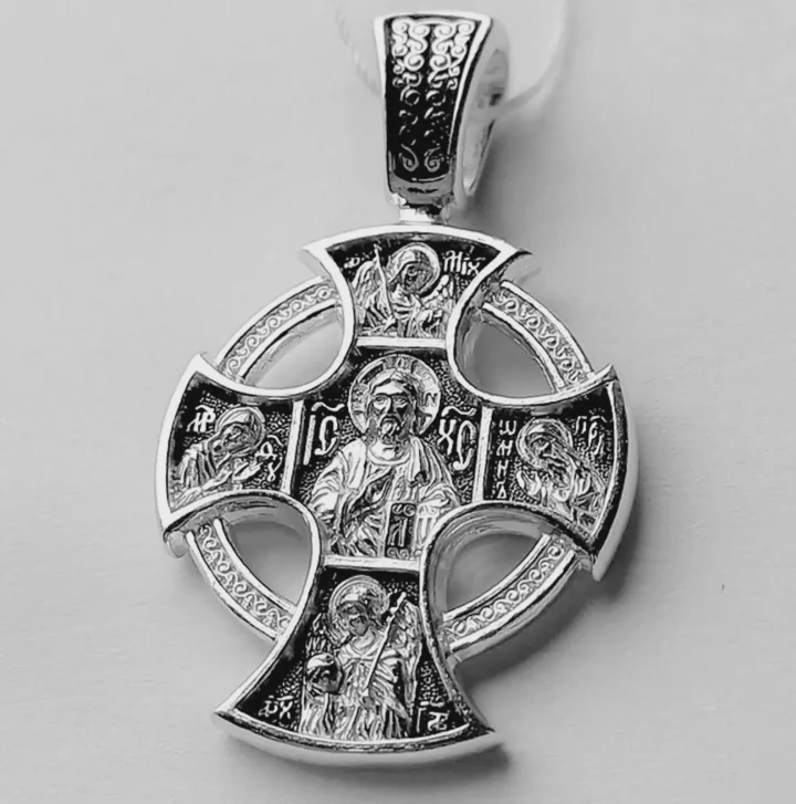 Celtic design sterling silver Orthodox cross with the Guardian Angel