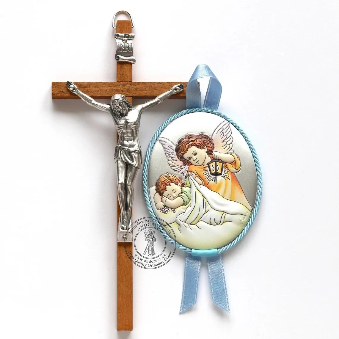 Silver-plated Guardian Angel icon for a boy with a wall cross