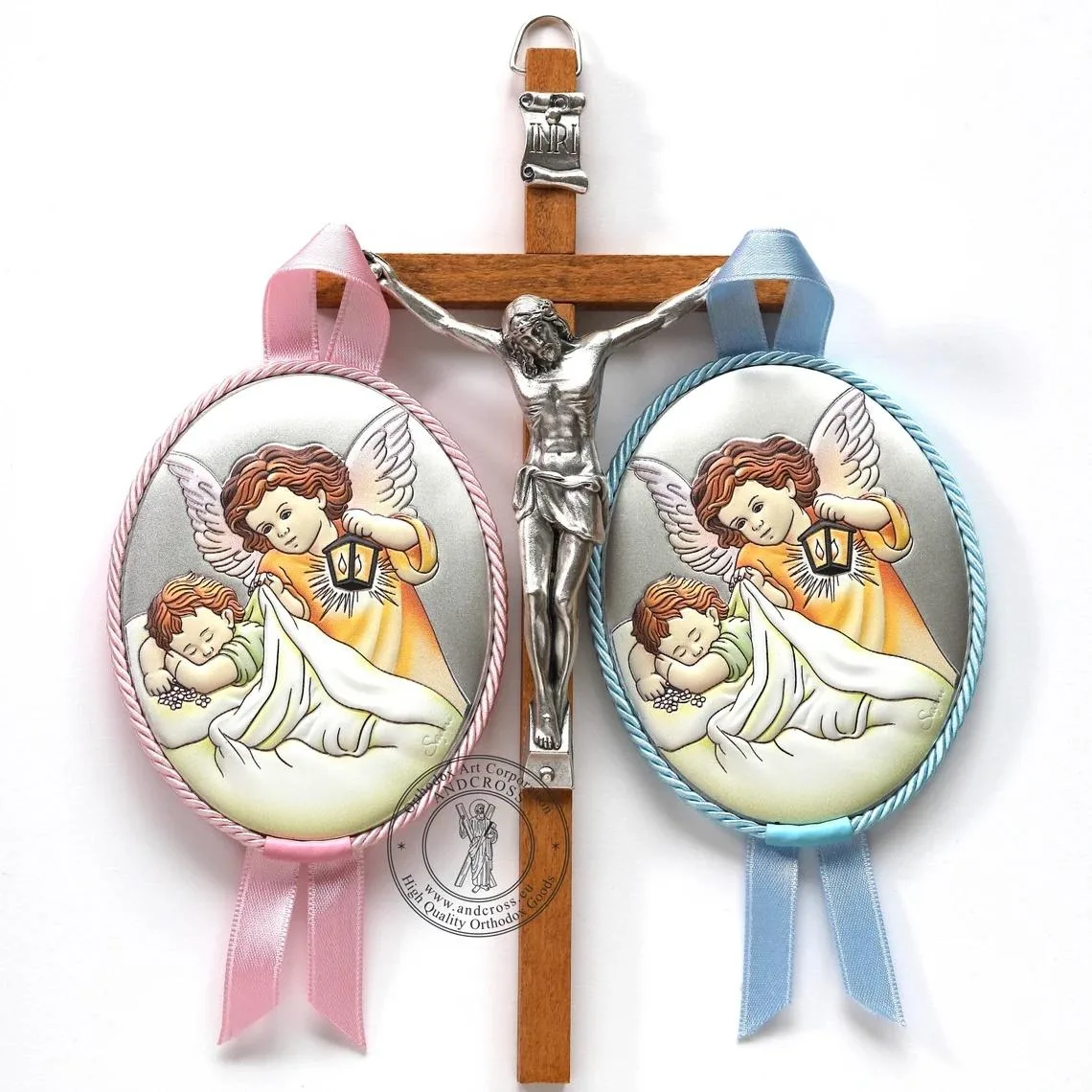 Silver-plated Guardian Angel with baby icon and wall cross in gift boxes