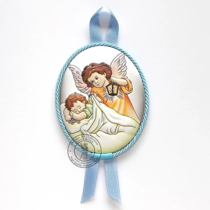 Silver-plated Guardian Angel icon for a boy, 7 x 9 cm