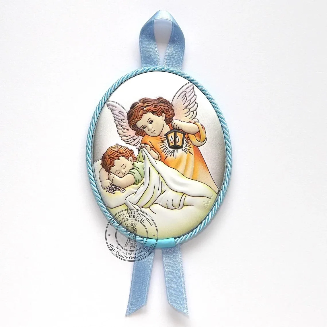 Silver-plated Guardian Angel icon for a boy, 7 x 9 cm