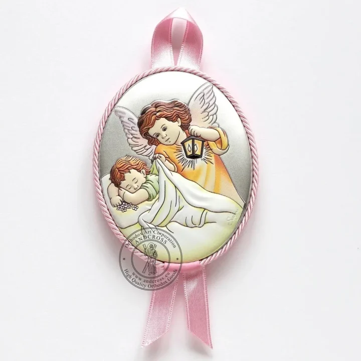 Silver-plated Guardian Angel icon for a girl, 7 x 9 cm