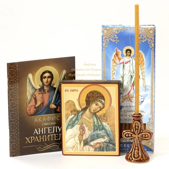 Guardian Angel icon set with candles and a ceramic holder