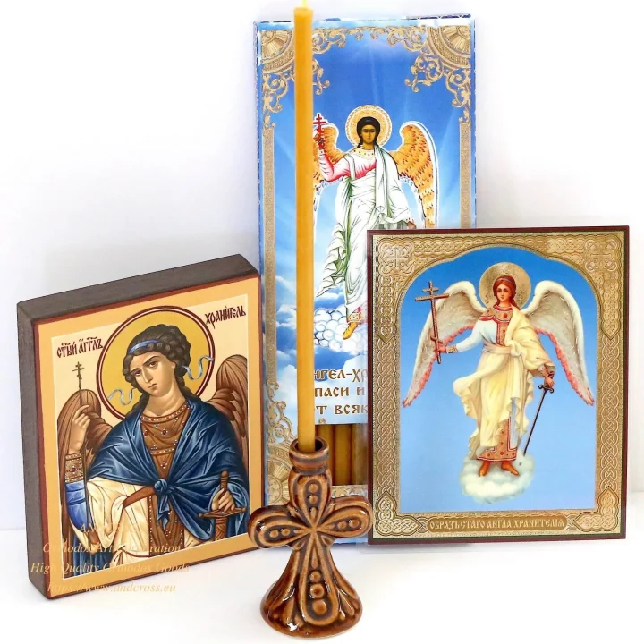 Guardian Angel icon set with wax candles and a ceramic holder