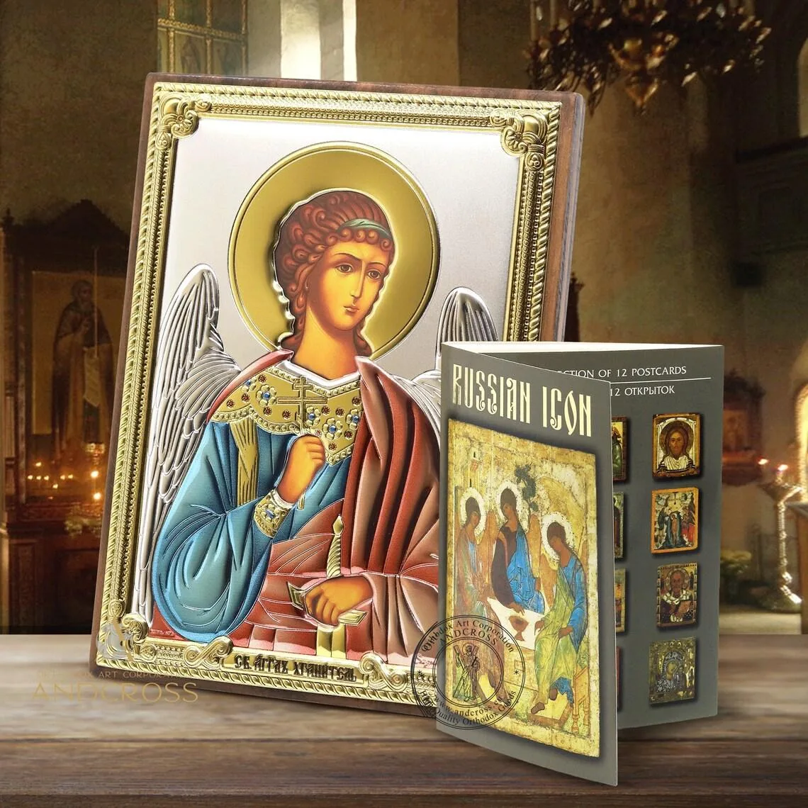 Set with a silver-plated Guardian Angel icon and 12 icon postcards