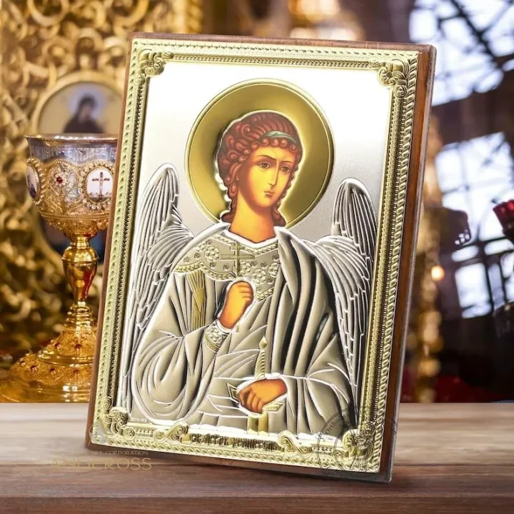 Silver-plated Guardian Angel icon with a cross and a sword in a gift box