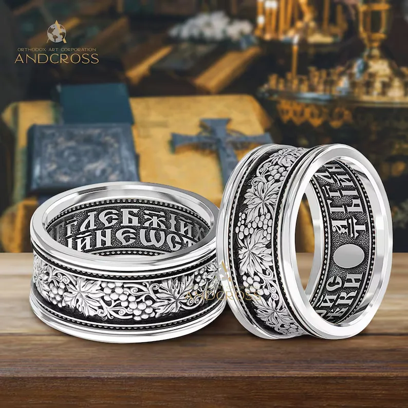 Men's sterling silver ring with a Byzantine ornament and a Guardian Angel prayer