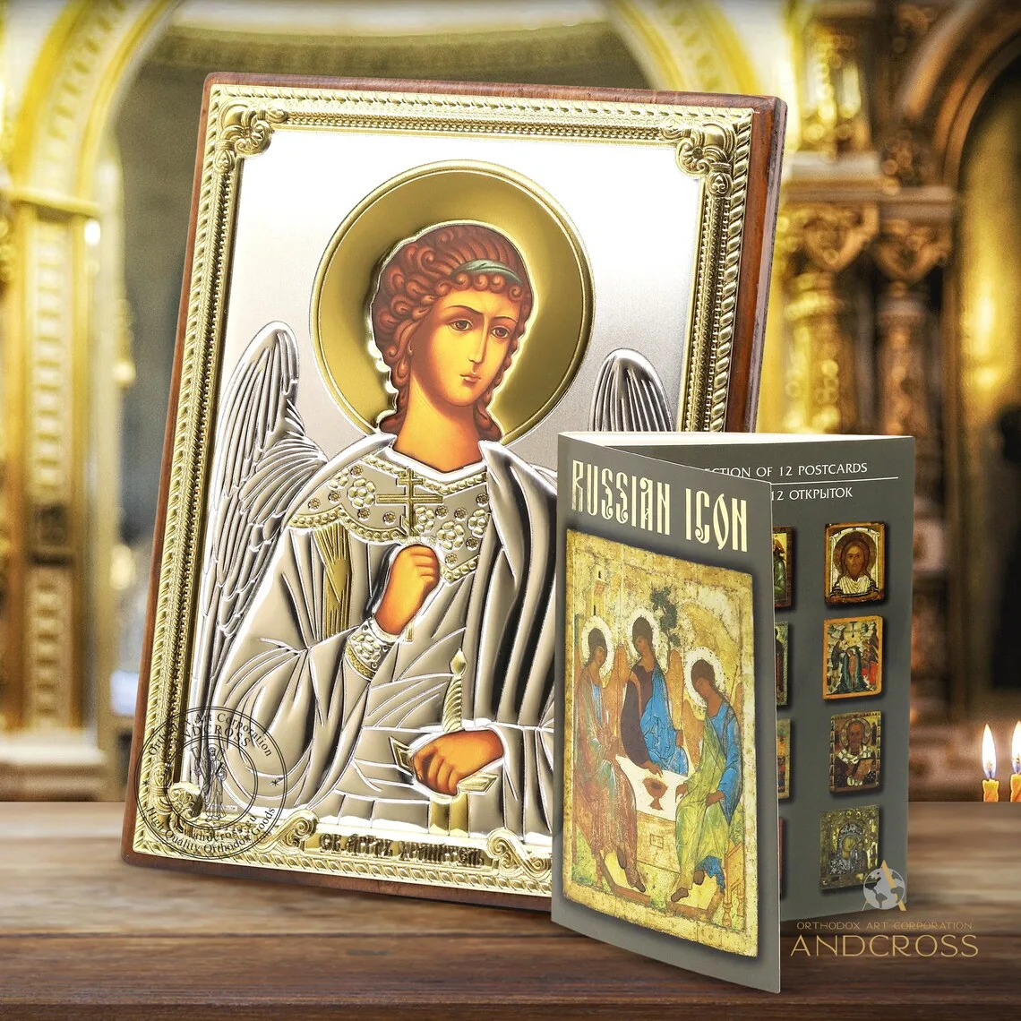 Silver-plated Guardian Angel icon with a cross and a sword, and a set of postcards