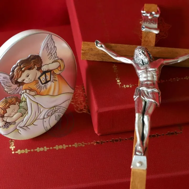 Silver-plated Guardian Angel with baby icon and a wall cross