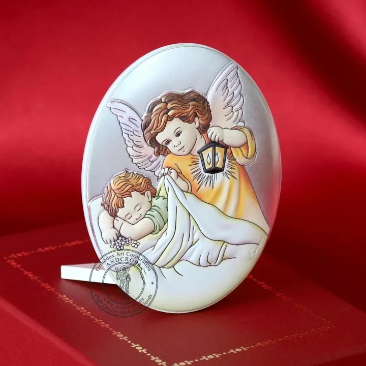 Silver-plated icon of a Guardian Angel over a sleeping baby, 7 x 9 cm