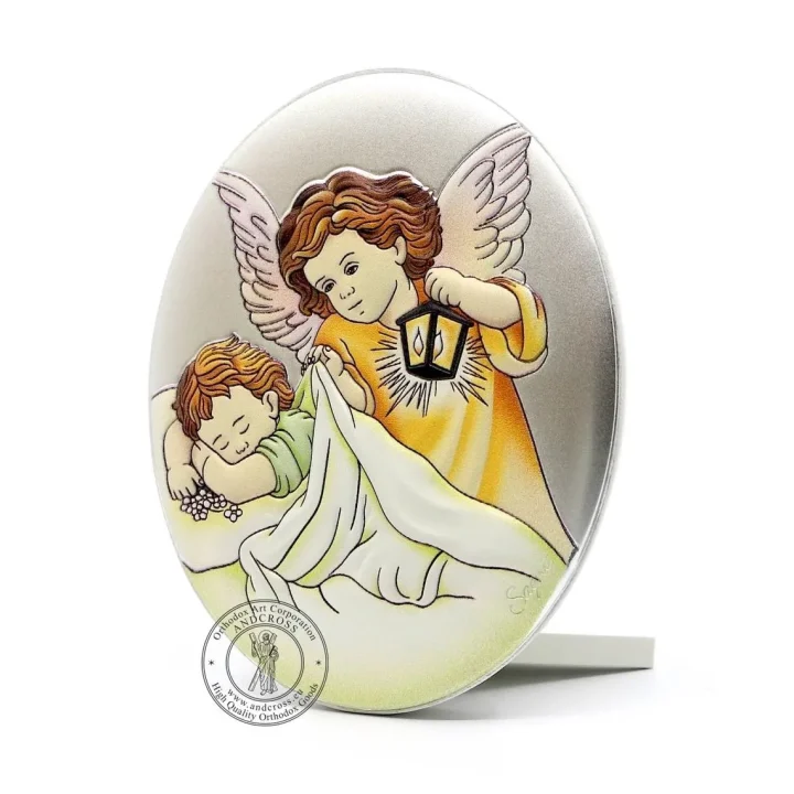 Guardian Angel with Baby icon on an MDF base, 7 x 9 cm