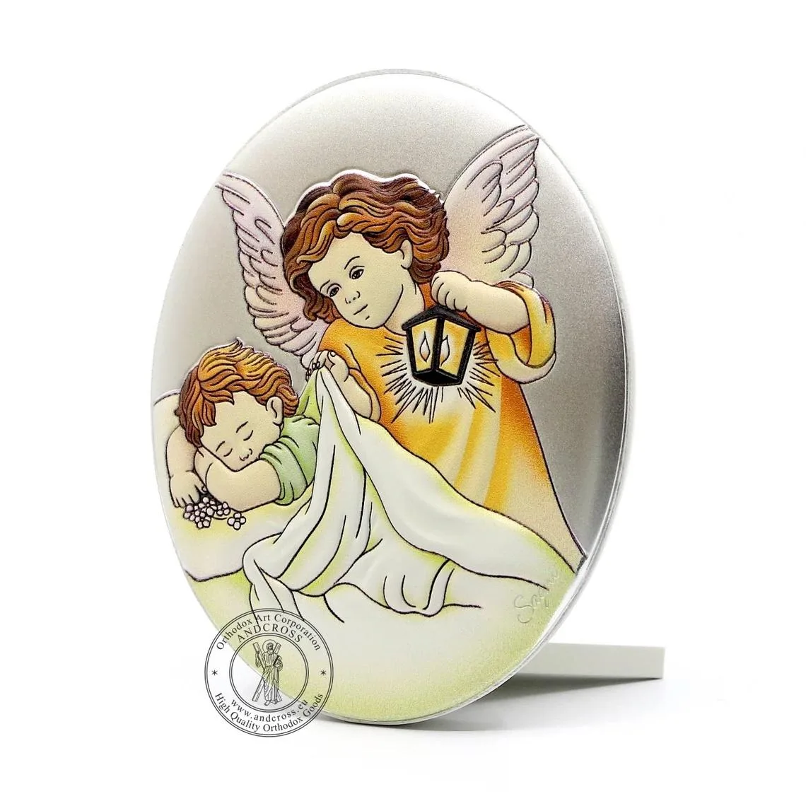 Guardian Angel with Baby icon on an MDF base, 7 x 9 cm