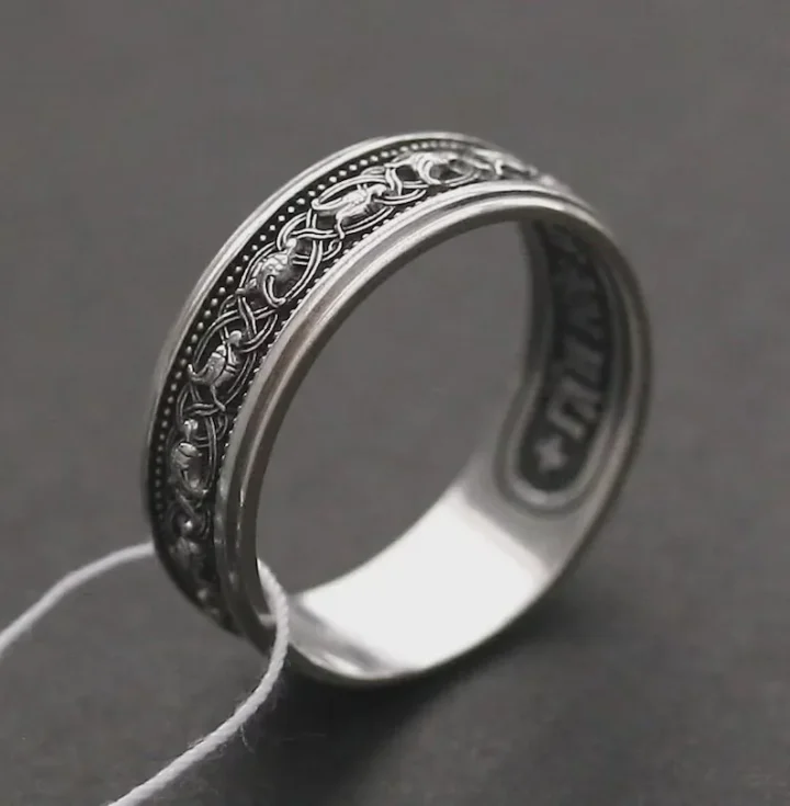 Handmade sterling silver ring with a holy bird and the Jesus Prayer