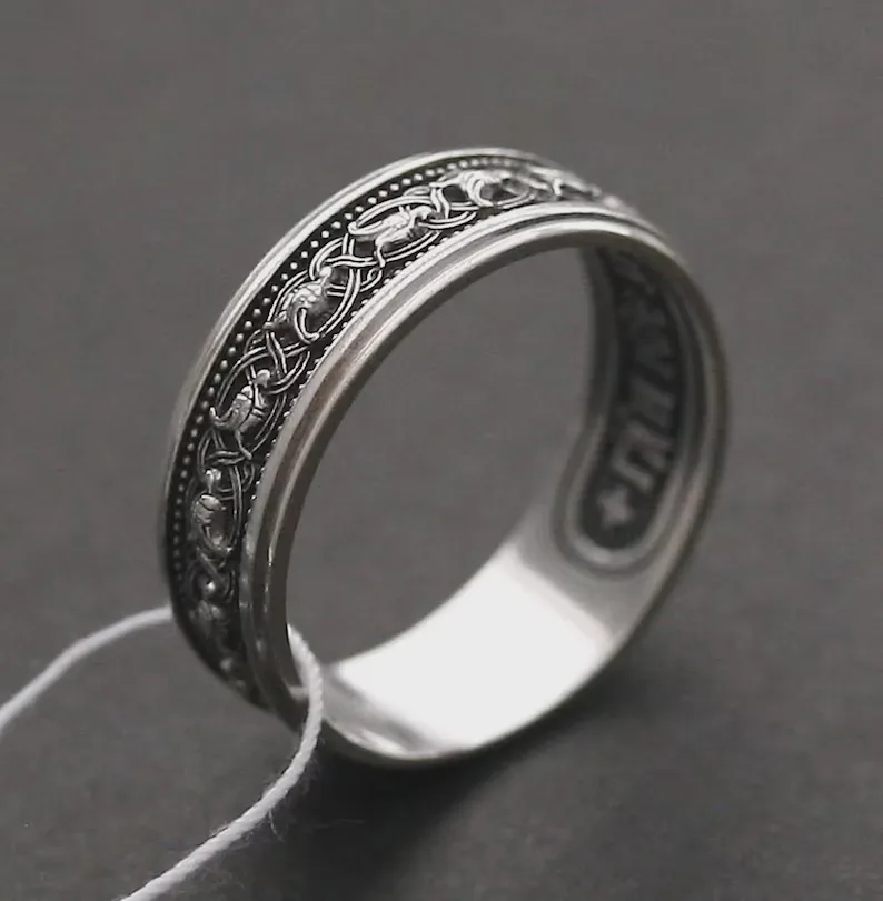 Handmade sterling silver ring with a holy bird and the Jesus Prayer