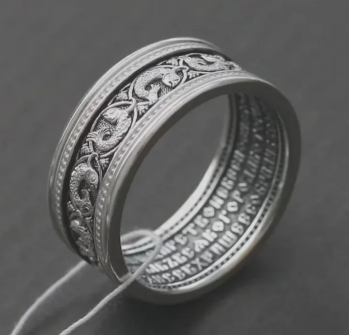 Handmade men's sterling silver ring with the Lord's Prayer and a fish ornament