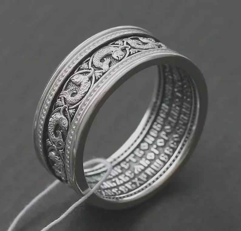 Handmade men's sterling silver ring with the Lord's Prayer and a fish ornament