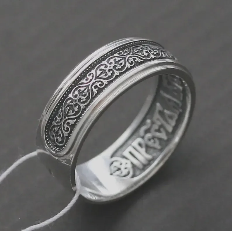Handmade sterling silver ring with a Byzantine flower ornament and a Mother of God prayer