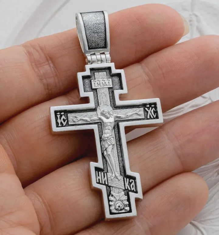 Handmade sterling silver Orthodox cross with the Crucifixion and the Prayer to the Precious Cross