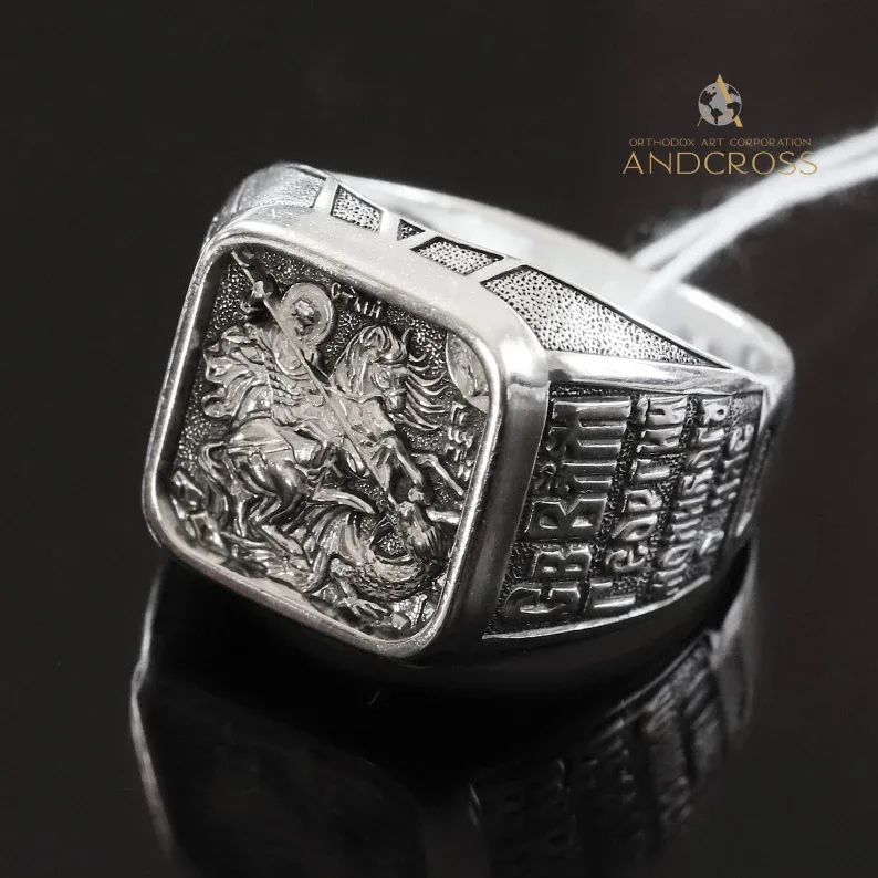 Heavy men's sterling silver ring with St George the Victorious