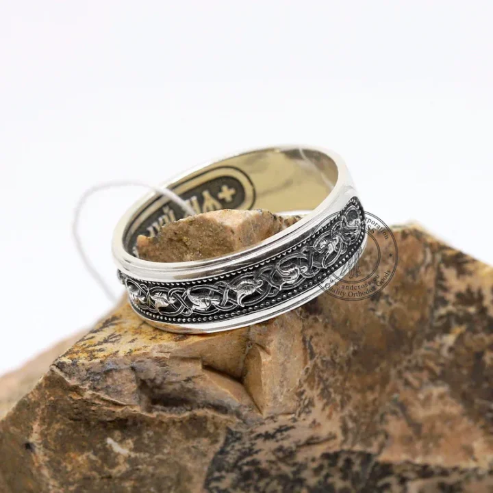 Sterling silver ring with a holy bird design and the Jesus Prayer inside