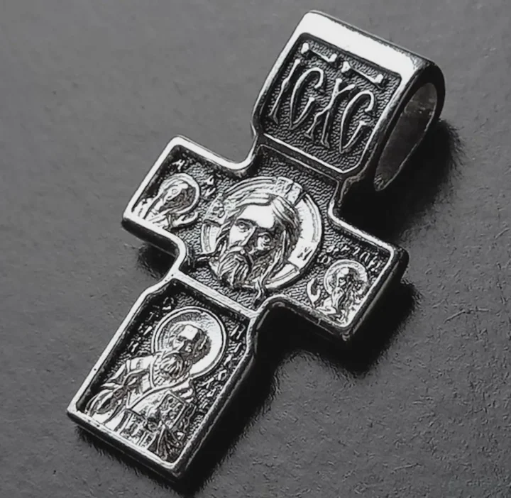 Small sterling silver Orthodox cross with the Holy Face and St Nicholas