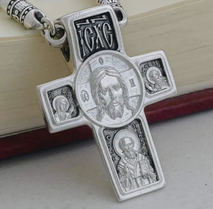 Sterling silver Orthodox cross with the Holy Face and St Nicholas