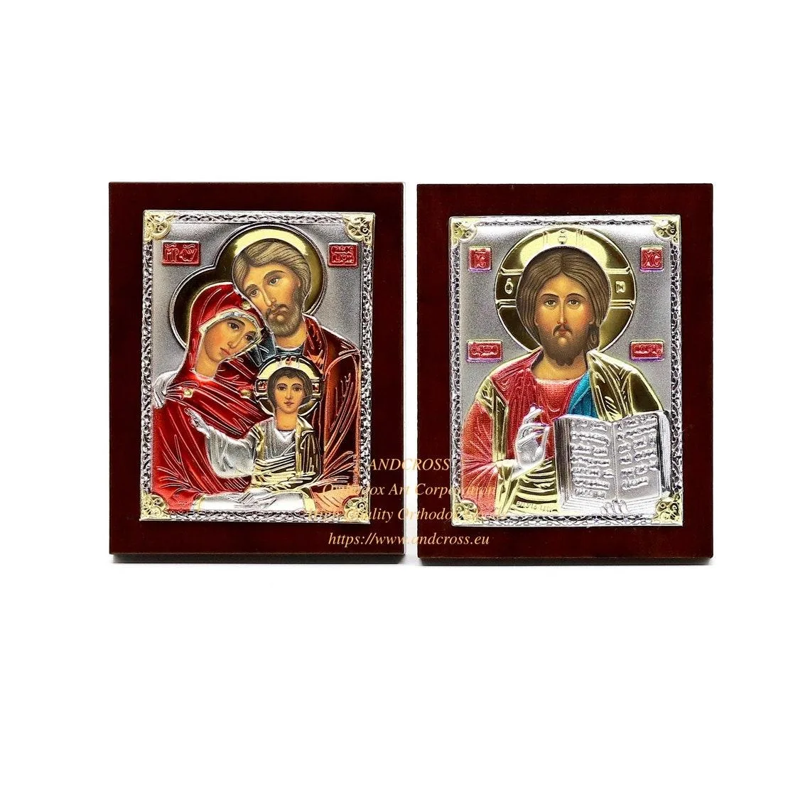 Two small silver-plated icons: the Holy Family and Christ Pantocrator