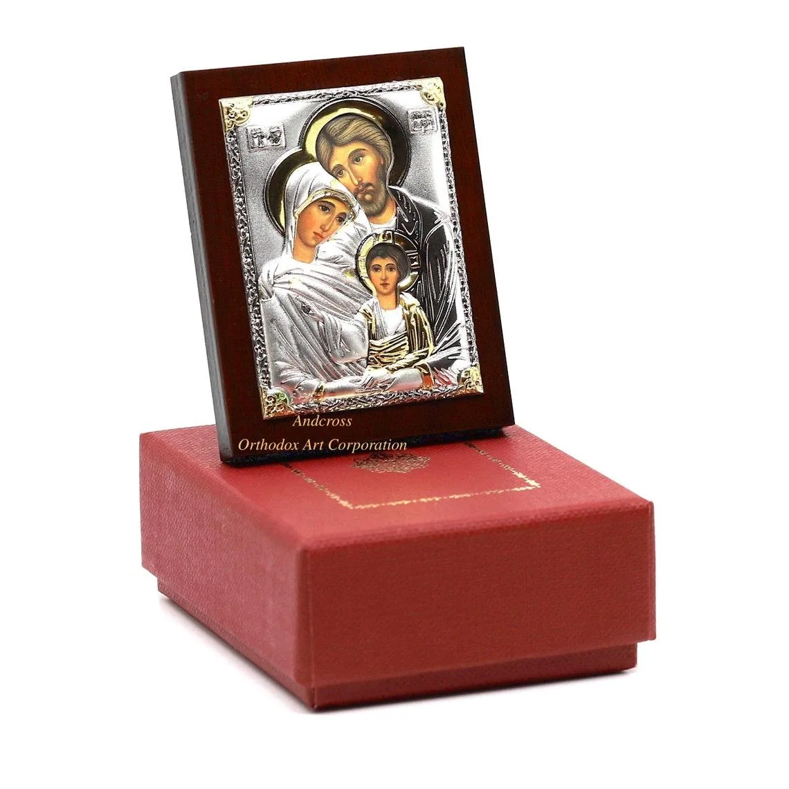 Small silver-plated Holy Family icon, 6.4 x 5 cm