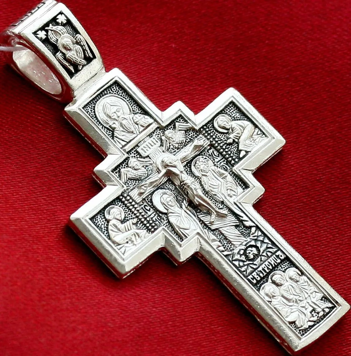 Sterling silver Orthodox cross with the Holy Trinity, front