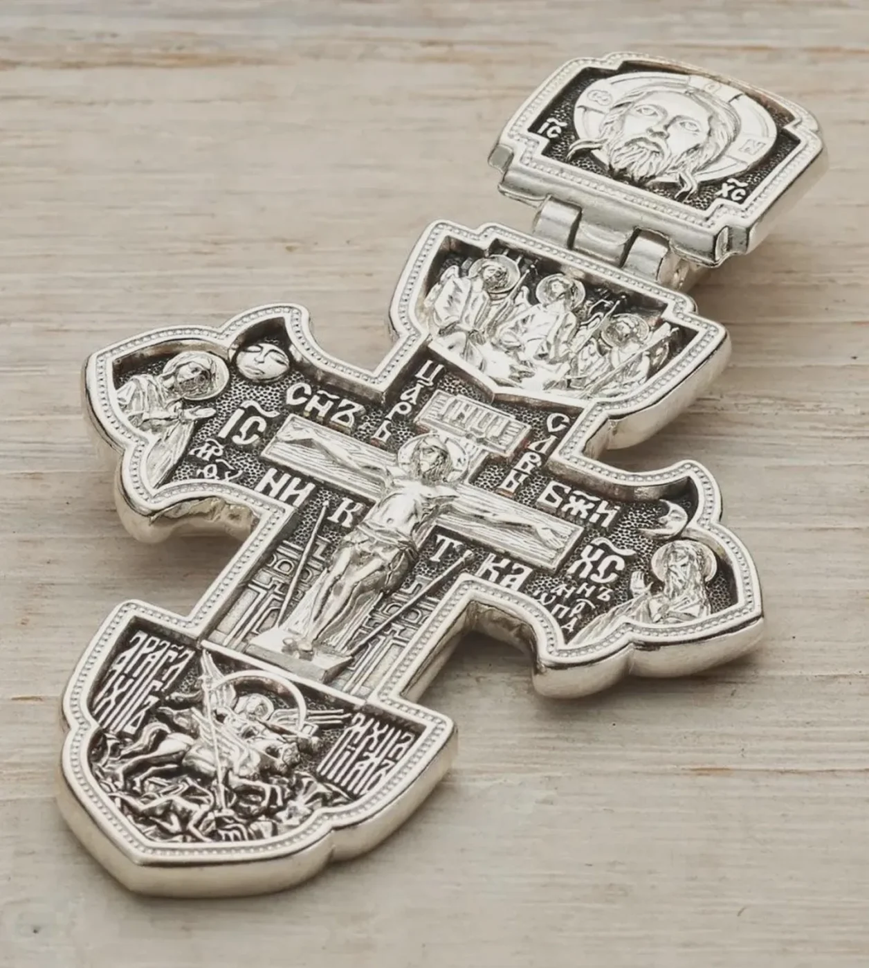 Sterling silver Orthodox cross with the Holy Trinity and St George, front