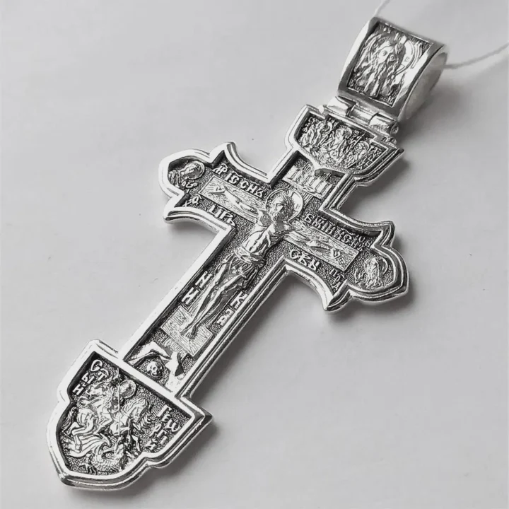 Big sterling silver Orthodox cross with the Holy Trinity and St George, front