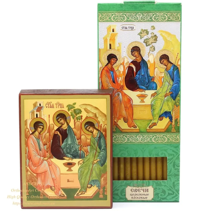 Holy Trinity icon with wax candles bearing its image