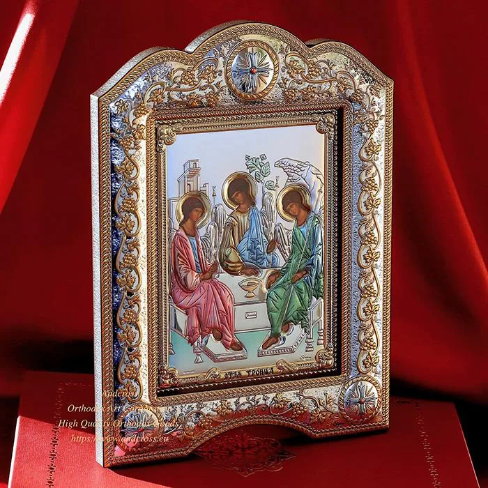 Silver-plated Holy Trinity icon framed under glass, 21 x 28 cm