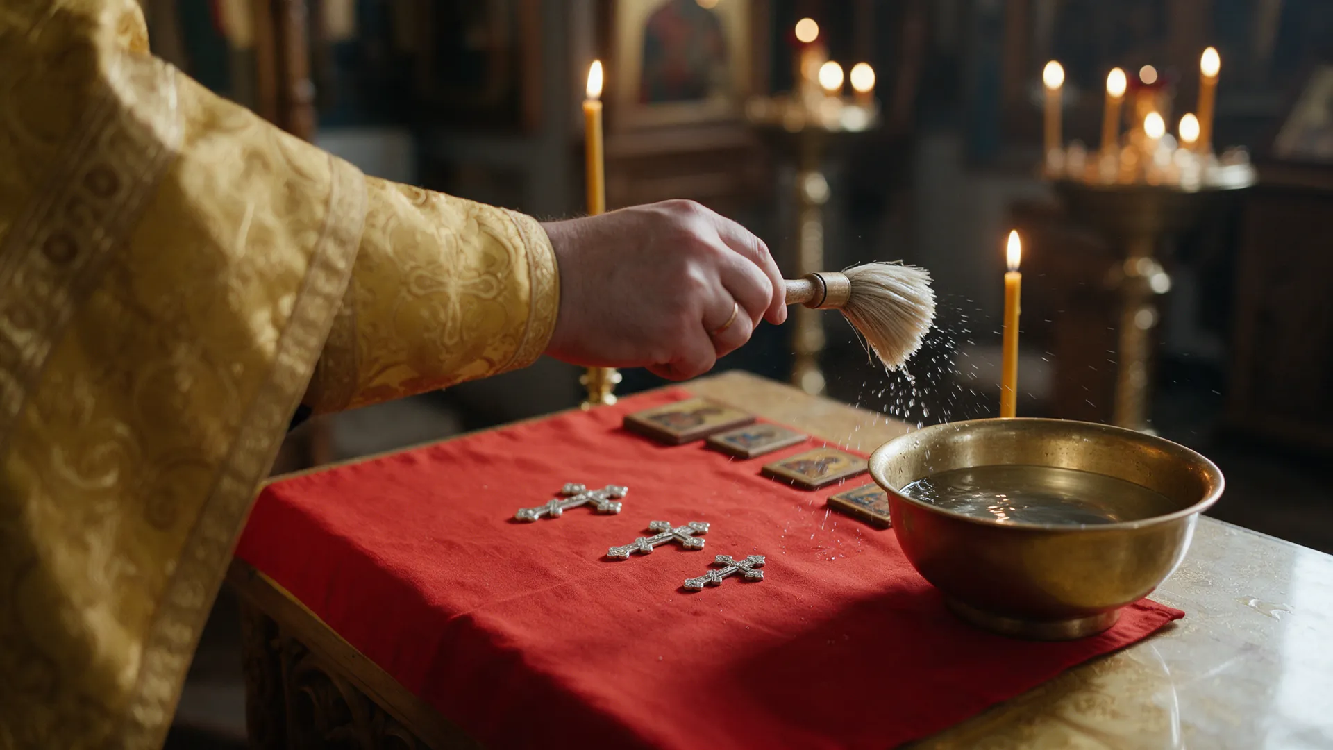 A priest sprinkles icons and crosses with holy water
