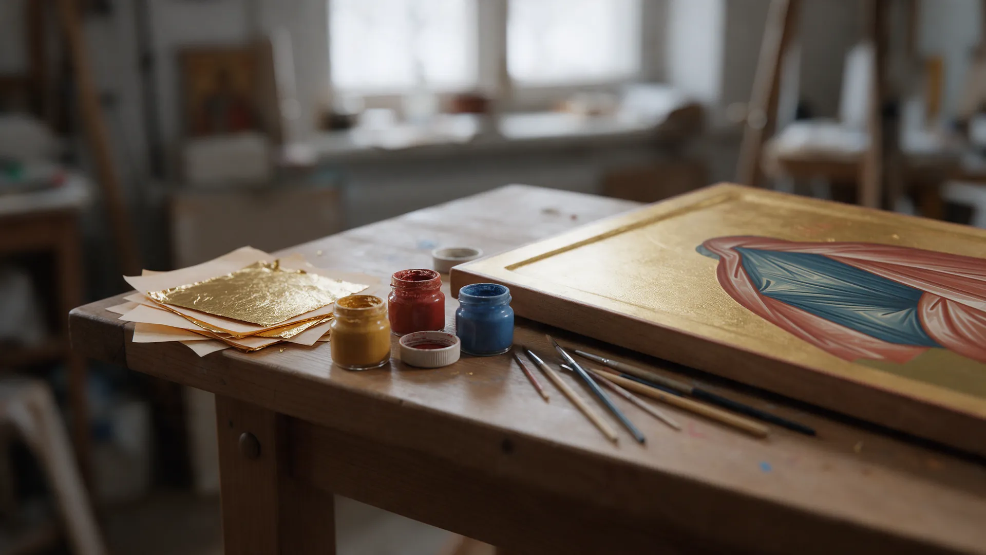 Icon painter's workbench with gold leaf and tempera
