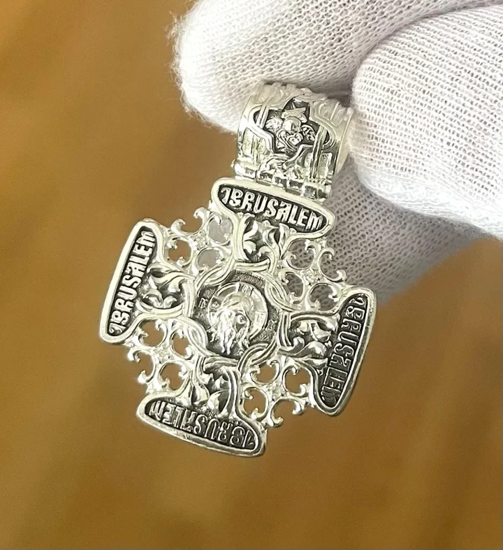 Sterling silver Jerusalem cross with Christ Pantocrator and the Kazan Mother of God