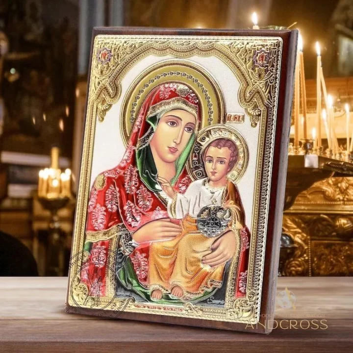 Silver-plated Jerusalem Mother of God icon on a wooden base