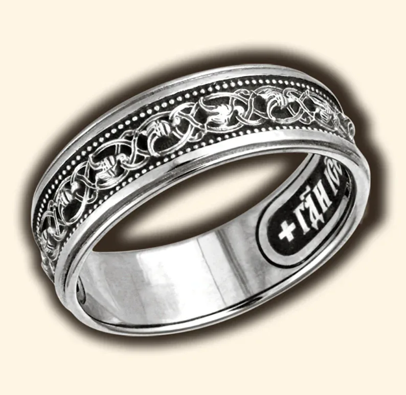 Sterling silver Jesus Prayer ring with a holy bird emblem